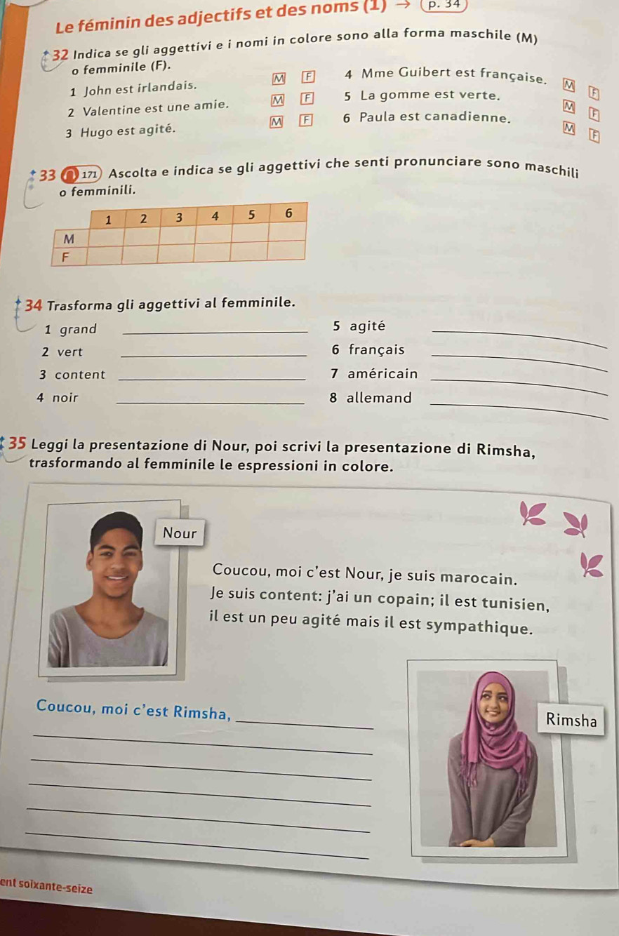 Le féminin des adjectifs et des noms (1) → p. 34
32 Indica se gli aggettivi e i nomi in colore sono alla forma maschile (M) 
o femminile (F). 
1 John est irlandais. 
M 4 Mme Guibert est française. M 
2 Valentine est une amie. M F 5 La gomme est verte. 
M 
M F 6 Paula est canadienne. 
3 Hugo est agité. 
N 
33 171 Ascolta e indica se gli aggettivi che senti pronunciare sono maschili 
o femminili. 
34 Trasforma gli aggettivi al femminile. 
1 grand _5 agité_ 
2 vert _6 français_ 
3 content _7 américain_ 
4 noir _8 allemand_ 
35 Leggi la presentazione di Nour, poi scrivi la presentazione di Rimsha, 
trasformando al femminile le espressioni in colore. 
Coucou, moi c'est Nour, je suis marocain. 
Je suis content: j’ai un copain; il est tunisien, 
il est un peu agité mais il est sympathique. 
_ 
Coucou, moi c’est Rimsha,_ 
_ 
_ 
_ 
_ 
ent soïxante-seize