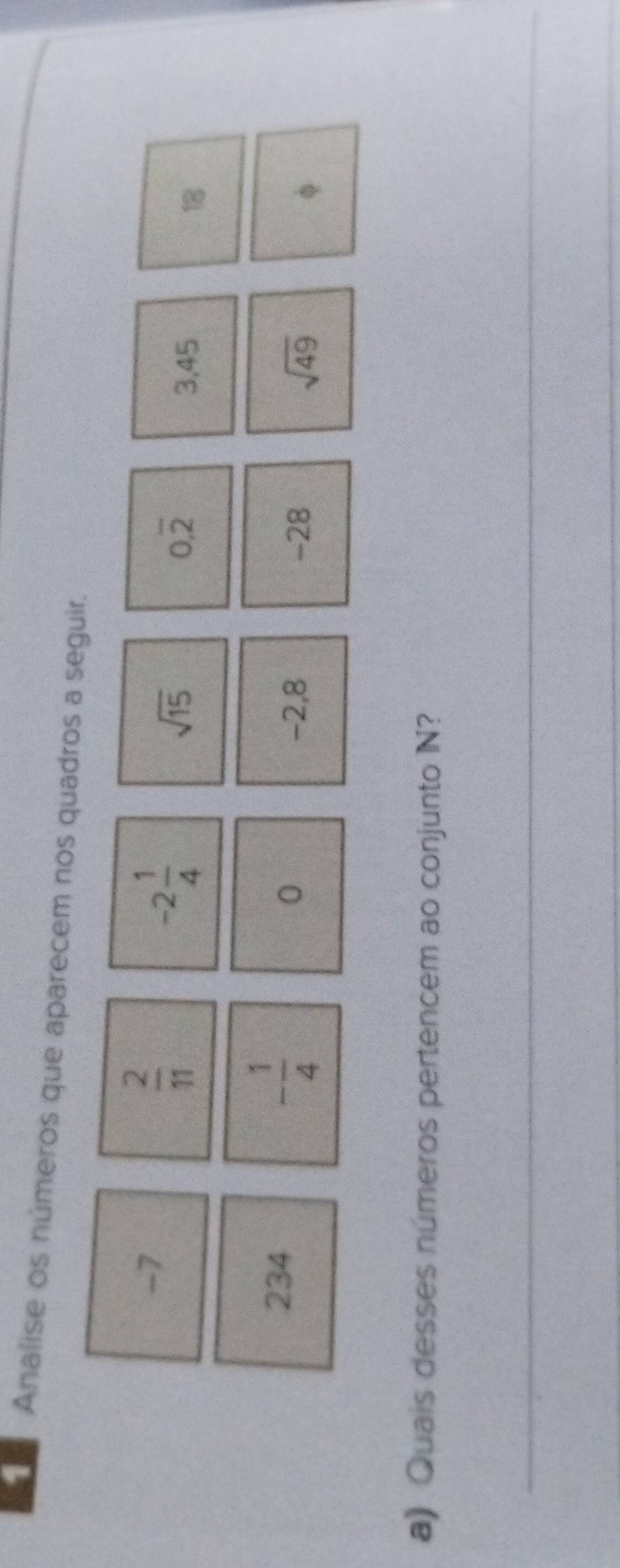 Analise os números que aparecem nos quadros a seguir.
-7
 2/11 
sqrt(15)
0.overline 2
-2 1/4  3,45 18
234
- 1/4 
0 -2,8 -28 sqrt(49)
a) Quais desses números pertencem ao conjunto N? 
_ 
_