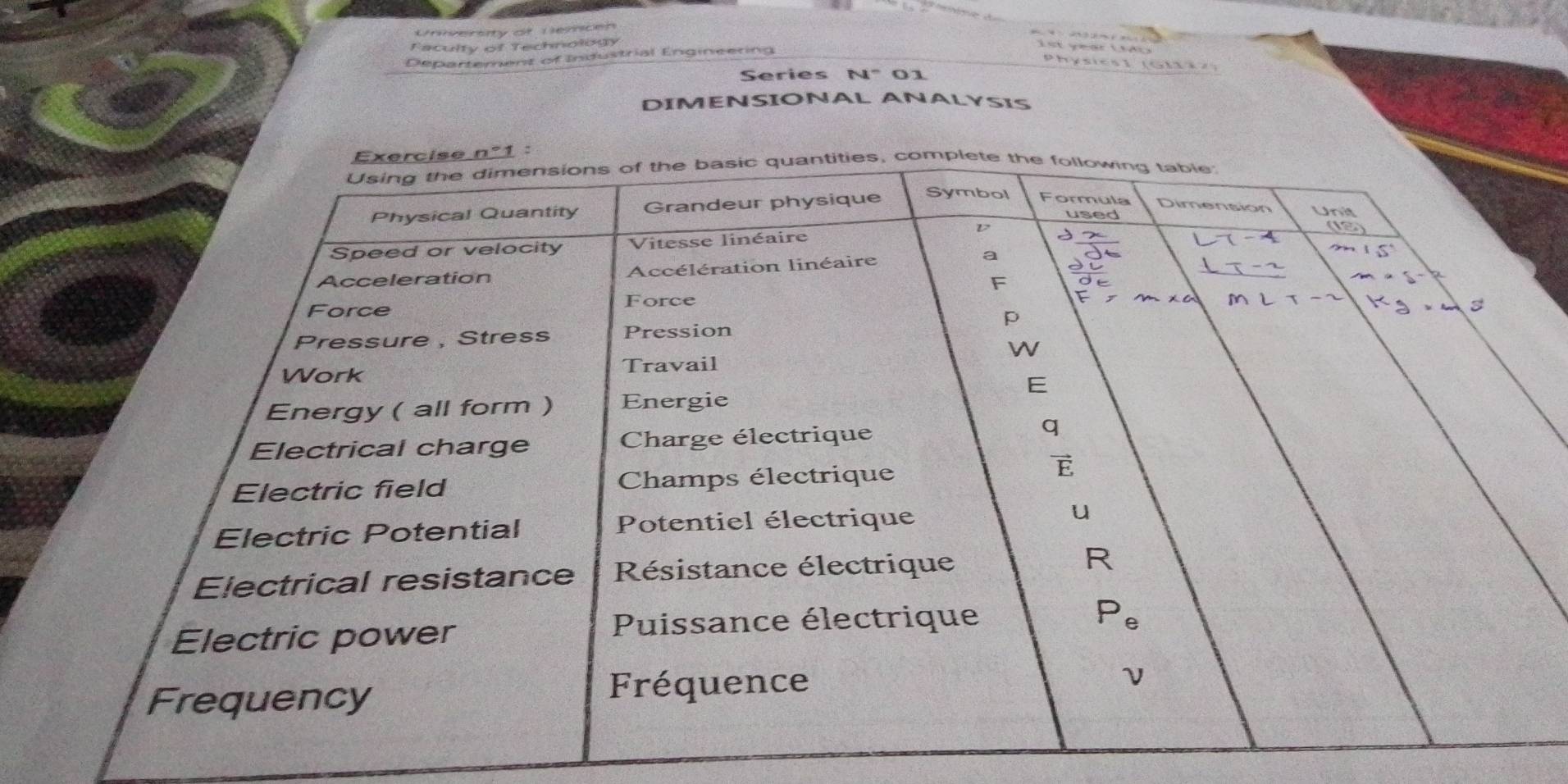 University of Demcen
Faculty of Technology
Departement of Industrial Engineering
Physics l   ( G l   )  
Series N° 01
DIMENSIONAL ANALYSIS