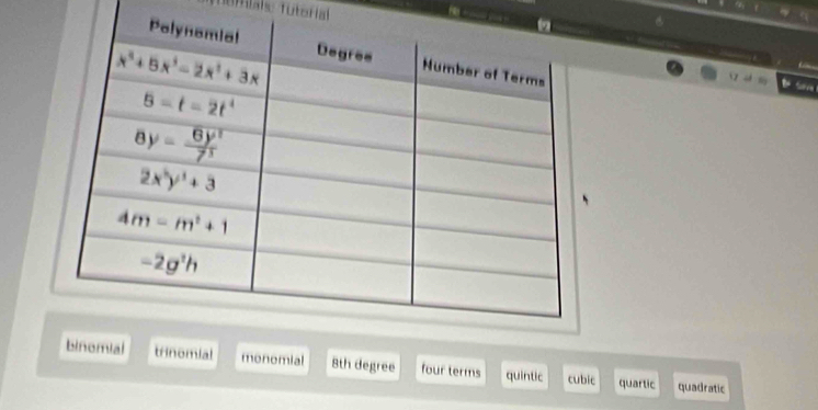 Temiais Tutorial
trinomial monomial 8th degree four terms quintic cubic quartic quadratic