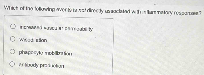 Which of the following events is not directly associated with inflammatory responses?
increased vascular permeability
vasodilation
phagocyte mobilization
antibody production