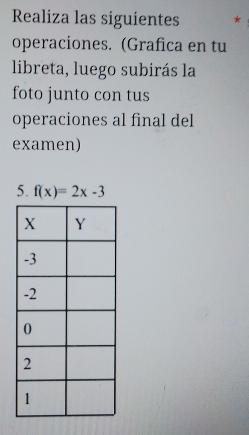 Realiza las siguientes * 
operaciones. (Grafica en tu 
libreta, luego subirás la 
foto junto con tus 
operaciones al final del 
examen) 
5. f(x)=2x-3