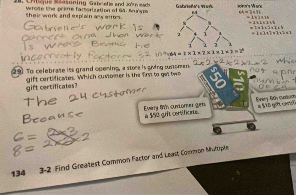 Critique Reasoning Gabrielle and John each Gabrielle's Work John's Wark 
wrote the prime factorization of 64. Analyze
64=2* 32
their work and explain any errors.
=2* 2* 16
=2* 2* 2* 8
=2* 2* 2* 2* 4
=2* 2* 2* 2* 2* 2
=2* 2* 2* 2* 2* 2=2^6
29. To celebrate its grand opening, a store is giving customers 
gift certificates. Which customer is the first to get two 
gift certificates? 
Every 8th customer gets Every 6th custom 
a $10 gift certifi 
a $50 gift certificate. 
o
134 3 -2 Find Greatest Common Factor and Least Common Multiple