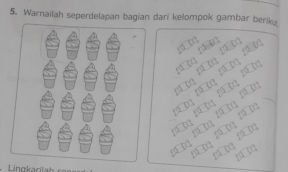 Warnailah seperdelapan bagian dari kelompok gambar berikut