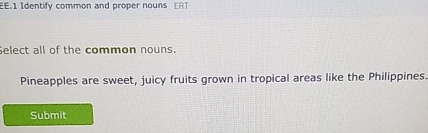 EE.1 Identify common and proper nouns ERT 
Select all of the common nouns. 
Pineapples are sweet, juicy fruits grown in tropical areas like the Philippines. 
Submit