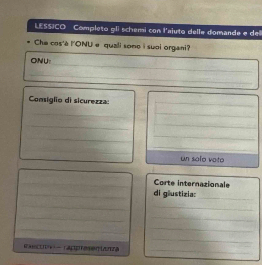 LESSICO Completo gli schemi con l’ajuto delle domande e del 
Che cos'è l'ONU e quali sono i suoi organi? 
ONU: 
_ 
_ 
_ 
Consiglio di sicurezza: 
_ 
_ 
_ 
_ 
_ 
_ 
_ 
un solo voto 
_ 
_ 
Corte internazionale 
_ 
_ 
di giustizia: 
_ 
__ 
_ 
_ 
_ 
_ 
_ 
esectv -rappresentanza_