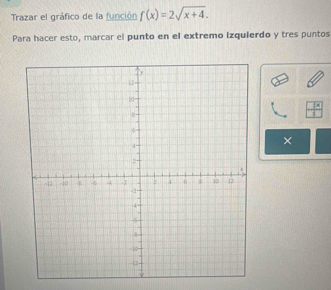 Trazar el gráfico de la función f(x)=2sqrt(x+4). 
Para hacer esto, marcar el punto en el extremo izquierdo y tres puntos
overline AB
×