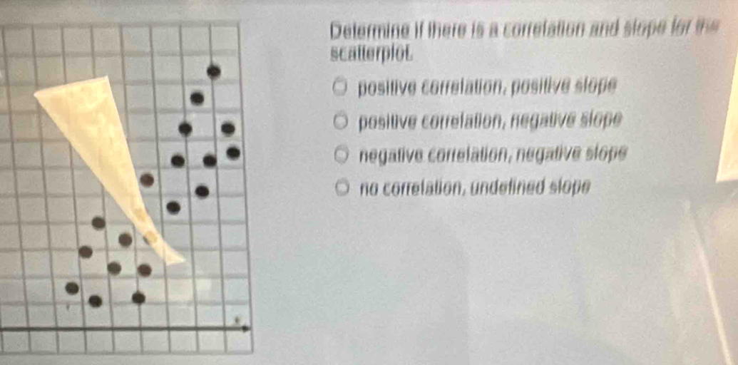 Determine if there is a corretation and stope for the
scatterplot.
positive corretation, positive slope
positive correlation, negative slope
negative correlation, negative slope
no corretation, undefined slope