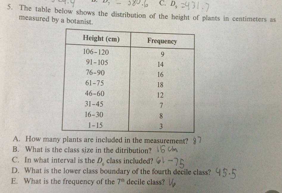 D- ) 
C. D_9
5. The table below shows the distribution of the height of plants in centimeters as 
measured by a botanist. 
A. How many plants are included in the measurement? 
B. What is the class size in the ditribution? 
C. In what interval is the D_6 class included? 
D. What is the lower class boundary of the fourth decile class? 
E. What is the frequency of the 7^(th) decile class?