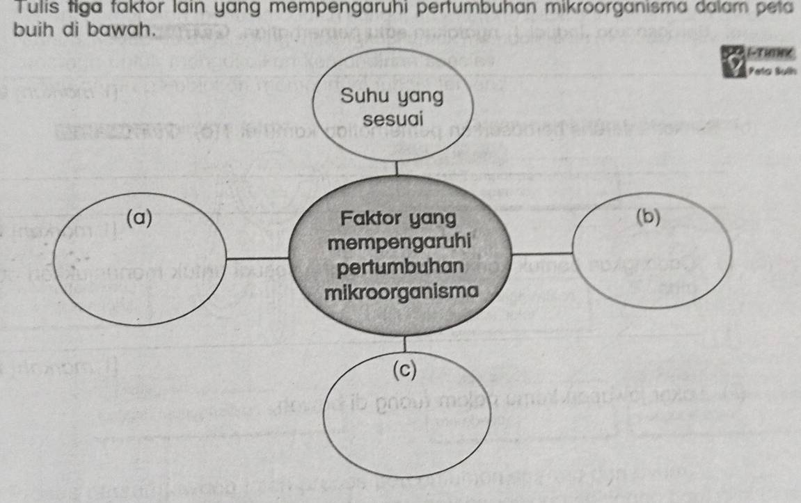 Tulis tiga faktor lain yang mempengaruhi pertumbuhan mikroorganisma dalam peta 
buih di bawah. 
Primex 
Peta Sulh