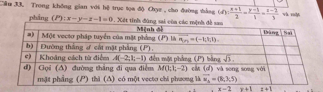 Trong không gian với hệ trục tọa độ Oxyz , cho đường thẳng (d):  (x+1)/2 = (y-1)/1 = (z-2)/3  và mặt
phẳng (P): x-y-z-1=0. Xét tính đúng s
x-2 y+1 z+1