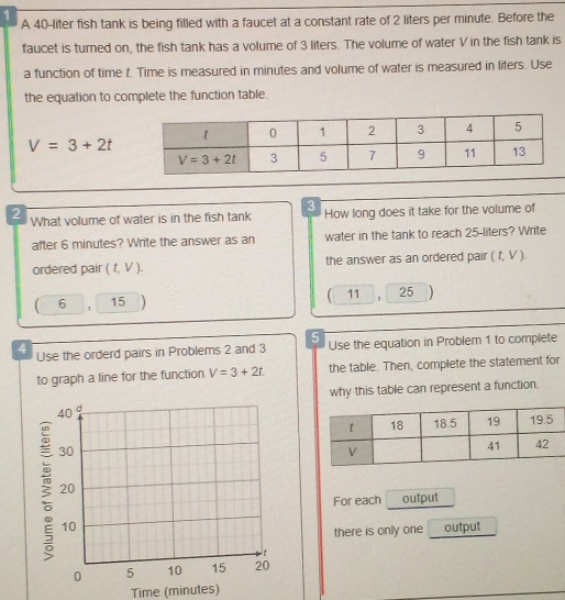 A 40-liter fish tank is being filled with a faucet at a constant rate of 2 liters per minute. Before the
faucet is turned on, the fish tank has a volume of 3 liters. The volume of water V in the fish tank is
a function of time t. Time is measured in minutes and volume of water is measured in liters. Use
the equation to complete the function table.
V=3+2t
3
2 What volume of water is in the fish tank How long does it take for the volume of
after 6 minutes? Write the answer as an water in the tank to reach 25-liters? Write
ordered pair (t,V). the answer as an ordered pair (t,V).
(
6 1 15 11 ， 25
5
4 Use the orderd pairs in Problems 2 and 3 Use the equation in Problem 1 to complete
to graph a line for the function V=3+2t. the table. Then, complete the statement for
why this table can represent a function.
For each output
output
there is only one
Time (minutes)