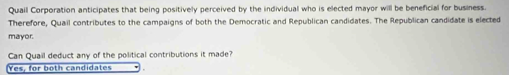 Quail Corporation anticipates that being positively perceived by the individual who is elected mayor will be beneficial for business.
Therefore, Quail contributes to the campaigns of both the Democratic and Republican candidates. The Republican candidate is elected
mayor.
Can Quail deduct any of the political contributions it made?
Yes, for both candidates