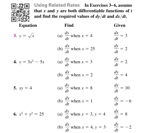 Using Related Rates In Exercises 3-6, assume 
that x and y are both differentiable functions of t
and find the required values of dy/dt and dx/dt. 
Equation Find Given 
3. y=sqrt(x) (a)  dy/dt  when x=4  dx/dt =3
(b)  dx/dt  when x=25  dy/dt =2
4. y=3x^2-5x (a)  dy/dt  when x=3  dx/dt =2
(b)  dx/dt  when x=2  dy/dt =4
5. xy=4 (a)  dy/dt  when x=8  dx/dt =10
(b)  dx/dt  when x=1  dy/dt =-6
6. x^2+y^2=25 (a)  dy/dt  when x=3, y=4  dx/dt =8
(b)  dx/dt  when x=4, y=3  dy/dt =-2