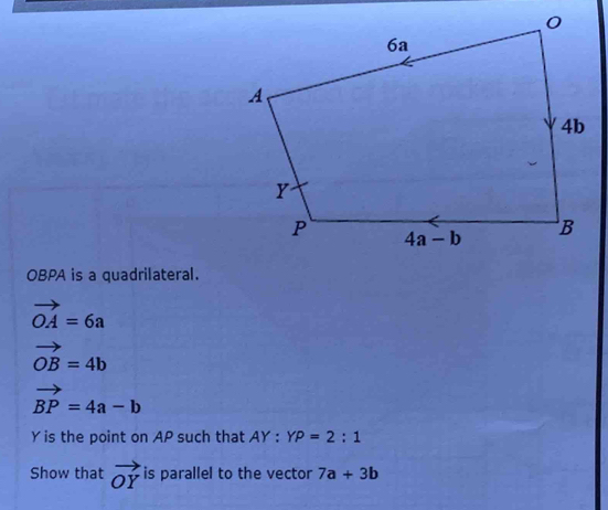 Solved: OBPA is a quadrilateral. vector OA=6a vector OB=4b vector BP=4a ...