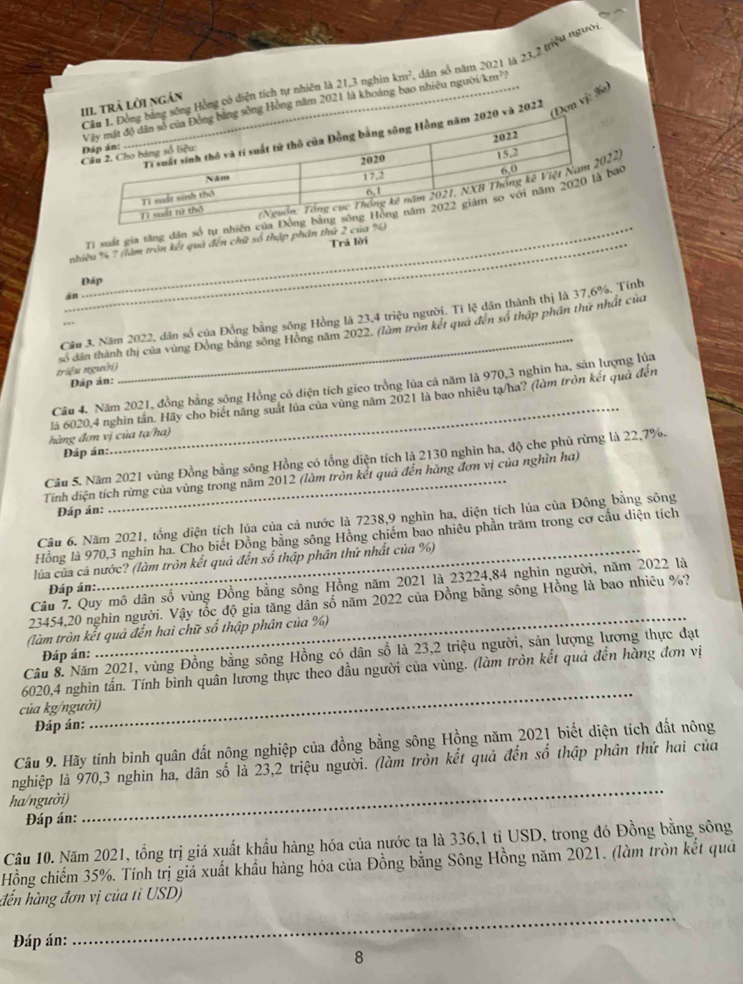 Hồng có diện tích tự nhiên là 21,3 nghìn km^2 , dân số năm 2021 là 23,2 triệu ngườ
ơn vị: %)
trả Lời ngán
Hồng năm 2021 là khoảng bao nhiêu người km^2?
2022
2)
Ti suất gia tăng dân số tự nao
Trã lời
_nhiều % ? (lâm tròn kết quả đến chữ số thập phân thứ 2 c
Đáp
an
Câu 3. Năm 2022, dân số của Đồng bằng sông Hồng là 23,4 triệu người. Tỉ lệ dân thành thị là 37,6%. Tính
số dân thành thị của vùng Đồng bằng sông Hồng năm 2022. (làm tròn kết quả đến số thập phân thứ nhất của
triệu người)
Đáp án:
Câu 4. Năm 2021, đồng bằng sông Hồng có diện tích gieo trồng lúa cả năm là 970,3 nghìn ha, sản lượng lúa
là 6020,4 nghìn tần. Hãy cho biết năng suất lúa của vùng năm 2021 là bao nhiêu tạ/ha? (làm tròn kết quả đến
hàng đơn vị của tạ/ha)
Đáp án:
Câu 5. Năm 2021 vùng Đồng bằng sông Hồng có tổng diện tích là 2130 nghìn ha, độ che phủ rừng là 22,7%.
Tính điện tích rừng của vùng trong năm 2012 (làm tròn kết quả đến hàng đơn vị của nghìn ha)
Đáp án:
Câu 6. Năm 2021, tổng diện tích lúa của cả nước là 7238,9 nghìn ha, diện tích lúa của Đông bằng sông
Hồng là 970,3 nghin ha. Cho biết Đồng bằng sông Hồng chiếm bao nhiêu phần trăm trong cơ cầu diện tích
lủa của cả nước? (làm tròn kết quả đến số thập phần thứ nhất của %)
_
Câu 7. Quy mô dân số vùng Đồng bằng sông Hồng năm 2021 là 23224,84 nghìn người, năm 2022 là
Đáp án:
23454,20 nghìn người. Vậy tốc độ gia tăng dân số năm 2022 của Đồng bằng sông Hồng là bao nhiêu %?
(làm tròn kết quả đến hai chữ số thập phân của %)
Câu 8. Năm 2021, vùng Đồng bằng sông Hồng có dân số là 23,2 triệu người, sản lượng lương thực đạt
Đáp án:
_
6020,4 nghìn tấn. Tính bình quân lương thực theo đầu người của vùng. (làm tròn kết quả đến hàng đơn vị
của kg/người)
Đáp án:
Câu 9. Hãy tính bình quân đất nông nghiệp của đồng bằng sông Hồng năm 2021 biết diện tích đất nông
_
nghiệp là 970,3 nghìn ha, dân số là 23,2 triệu người. (làm tròn kết quả đến số thập phân thứ hai của
ha/người)
Đáp án:
Câu 10. Năm 2021, tổng trị giá xuất khẩu hàng hóa của nước ta là 336,1 tỉ USD, trong đó Đồng bằng sông
Hồng chiếm 35%. Tính trị giá xuất khẩu hàng hóa của Đồng bằng Sông Hồng năm 2021. (làm tròn kết quả
_
đến hàng đơn vị của tỉ USD)
Đáp án:
8