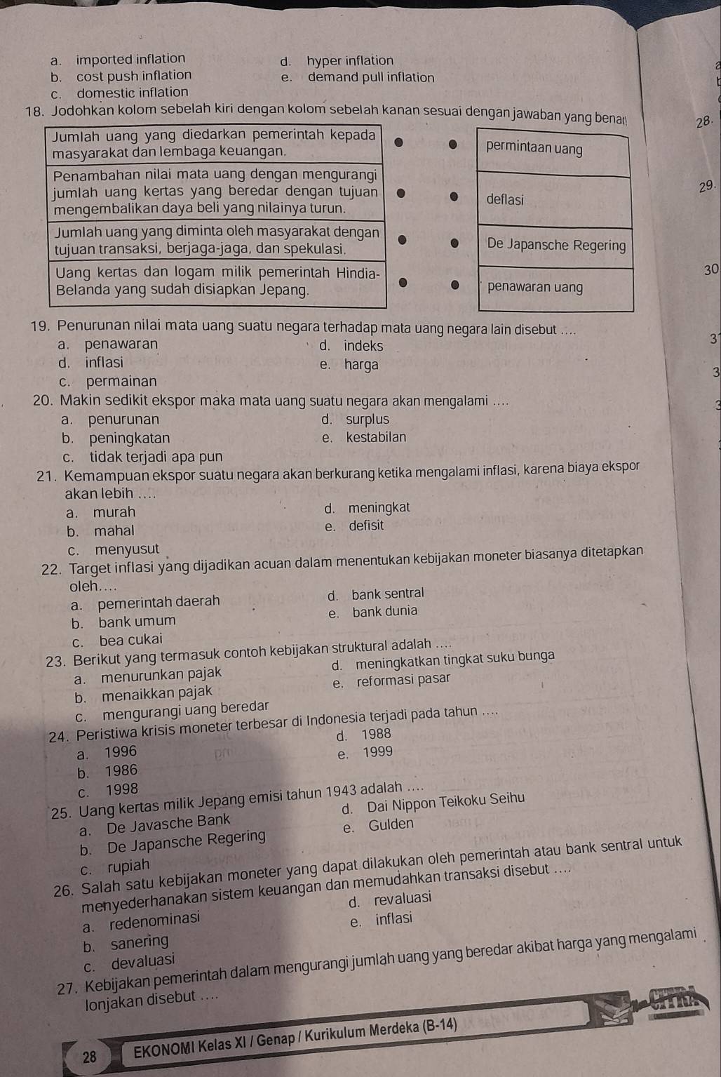 a. imported inflation d. hyper inflation
b. cost push inflation e. demand pull inflation
c. domestic inflation
18. Jodohkan kolom sebelah kiri dengan kolom sebelah kanan sesuai dengan jawaban ya 28.
29.
 
30
19. Penurunan nilai mata uang suatu negara terhadap mata uang negara lain disebut ....
a. penawaran d. indeks
31
d. inflasi e. harga
3
c. permainan
20. Makin sedikit ekspor maka mata uang suatu negara akan mengalami ....
a. penurunan d. surplus
b. peningkatan e. kestabilan
c. tidak terjadi apa pun
21. Kemampuan ekspor suatu negara akan berkurang ketika mengalami inflasi, karena biaya ekspor
akan lebih ....
a. murah d. meningkat
b. mahal e. defisit
c. menyusut
22. Target inflasi yang dijadikan acuan dalam menentukan kebijakan moneter biasanya ditetapkan
oleh....
a. pemerintah daerah d. bank sentral
b. bank umum e. bank dunia
c. bea cukai
23. Berikut yang termasuk contoh kebijakan struktural adalah
a. menurunkan pajak d. meningkatkan tingkat suku bunga
b. menaikkan pajak e. reformasi pasar
c. mengurangi uang beredar
24. Peristiwa krisis moneter terbesar di Indonesia terjadi pada tahun ....
a. 1996 d. 1988
e. 1999
b. 1986
c. 1998
25. Uang kertas milik Jepang emisi tahun 1943 adalah ....
a. De Javasche Bank d. Dai Nippon Teikoku Seihu
b. De Japansche Regering e. Gulden
26. Salah satu kebijakan moneter yang dapat dilakukan oleh pemerintah atau bank sentral untuk
c. rupiah
menyederhanakan sistem keuangan dan memudahkan transaksi disebut ....
a. redenominasi d. revaluasi
b. sanering e. inflasi
27. Kebijakan pemerintah dalam mengurangi jumlah uang yang beredar akibat harga yang mengalami 
c. devaluasi
Ionjakan disebut ....
28 EKONOMI Kelas XI / Genap / Kurikulum Merdeka (B-14)