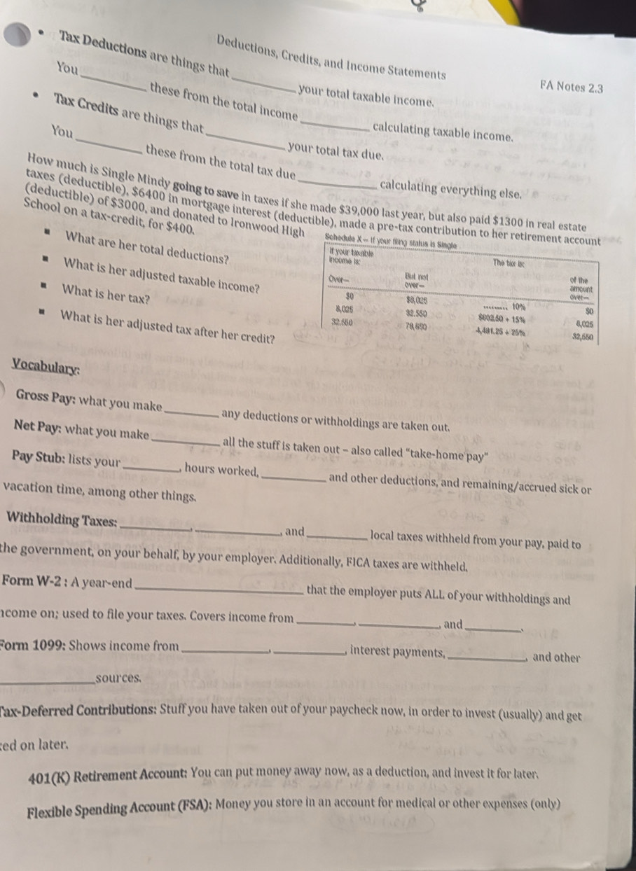 Tax Deductions are things that
Deductions, Credits, and Income Statements
You
FA Notes 2.3
your total taxable income.
_
these from the total income
Tax Credits are things that
calculating taxable income.
You __your total tax due.
these from the total tax due
calculating everything else.
How much is Single Mindy going to save in taxes if she made $39,000 last year, but also paid $1300 in real estate
taxes (deductible), $6400 in mortgage interest (deductible), made a pre-tax contribution to her re
School on a tax-credit, for $400.
(deductible) of $3000, and donated to Ironwood High 
What are her total deductions?
What is her adjusted taxable income?
What is her tax?
What is her adjusted tax after her credit?
Vocabulary:
Gross Pay: what you make _any deductions or withholdings are taken out.
Net Pay: what you make_ all the stuff is taken out - also called “take-home pay”
Pay Stub: lists your _, hours worked,_ and other deductions, and remaining/accrued sick or
vacation time, among other things.
Withholding Taxes: ___local taxes withheld from your pay, paid to
, and
the government, on your behalf, by your employer. Additionally, FICA taxes are withheld.
Form W-2 : A year-end _that the employer puts ALL of your withholdings and
_
ncome on; used to file your taxes. Covers income from
_and_
Form 1099: Shows income from_ _, interest payments,_ , and other
_sources.
Tax-Deferred Contributions: Stuff you have taken out of your paycheck now, in order to invest (usually) and get
ed on later.
401(K) Retirement Account: You can put money away now, as a deduction, and invest it for later.
Flexible Spending Account (FSA): Money you store in an account for medical or other expenses (only)