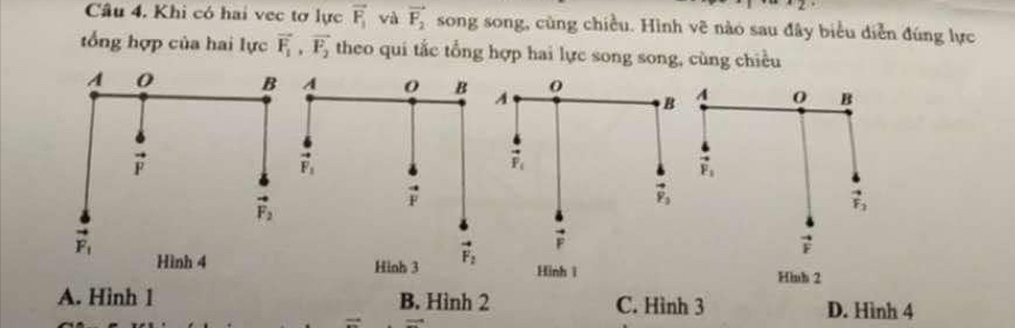 Khi có hai vec tơ lực vector F_1 và vector F_2 song song, cùng chiều. Hình vẽ nào sau đây biểu diễn đúng lực
tổng hợp của hai lực vector F_1,vector F_2 theo qui tắc tổng hợp hai lực song song, cùng chiều
A 0 B A
B A 0 B
F_1
vector F_1
vector F_1
F
vector F_3
vector F_2
Hinh 3 vector F_2 Hinh 1
Hinh 2
A. Hình 1 B. Hinh 2 C. Hình 3 D. Hình 4