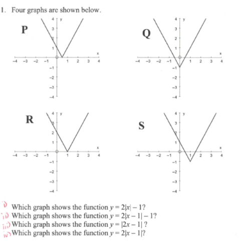 Four graphs are shown below. 


Which graph shows the function y=2|x|-1 2 
Which graph shows the function y=2|x-1|-1 ? 
: )Which graph shows the function y=|2x-1| ? 
Which graph shows the function y=2|x-1|