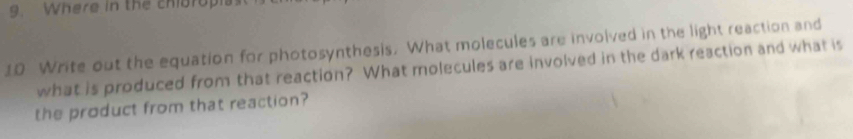 Where in the chiorop 
10 Write out the equation for photosynthesis. What molecules are involved in the light reaction and 
what is produced from that reaction? What molecules are involved in the dark reaction and what is 
the product from that reaction?