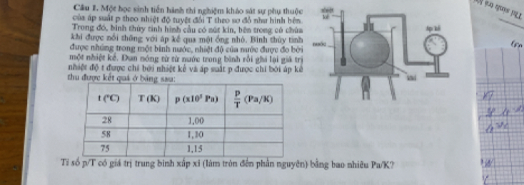 Cầu 1. Một học sinh tiến hành thi nghiệm kháo sát sự phụ thuộc
của áp suất p theo nhiệt độ tuyệt đổi T theo sơ đồ như hình bên.
Trong đó, hình thủy tinh hình cầu có mút kin, bên trong có chúa       
khi được mổi thông với áp kể qua một ống nhỏ. Bình thủy tính
được nhúng trong một bình nước, nhiệt độ của nước được đo bởi
một nhiệt kể. Dun nóng từ từ nước trong bình rồi ghi lại giá trị
nhiệt độ t được chi bởi nhiệt kẻ và áp suất p được chi bởi áp kể
thu 
Tỉ số p/T có giá trị trung bình xấp xỉ (làm tròn đến phần nguyên) bằng bao nhiêu Pa/K?