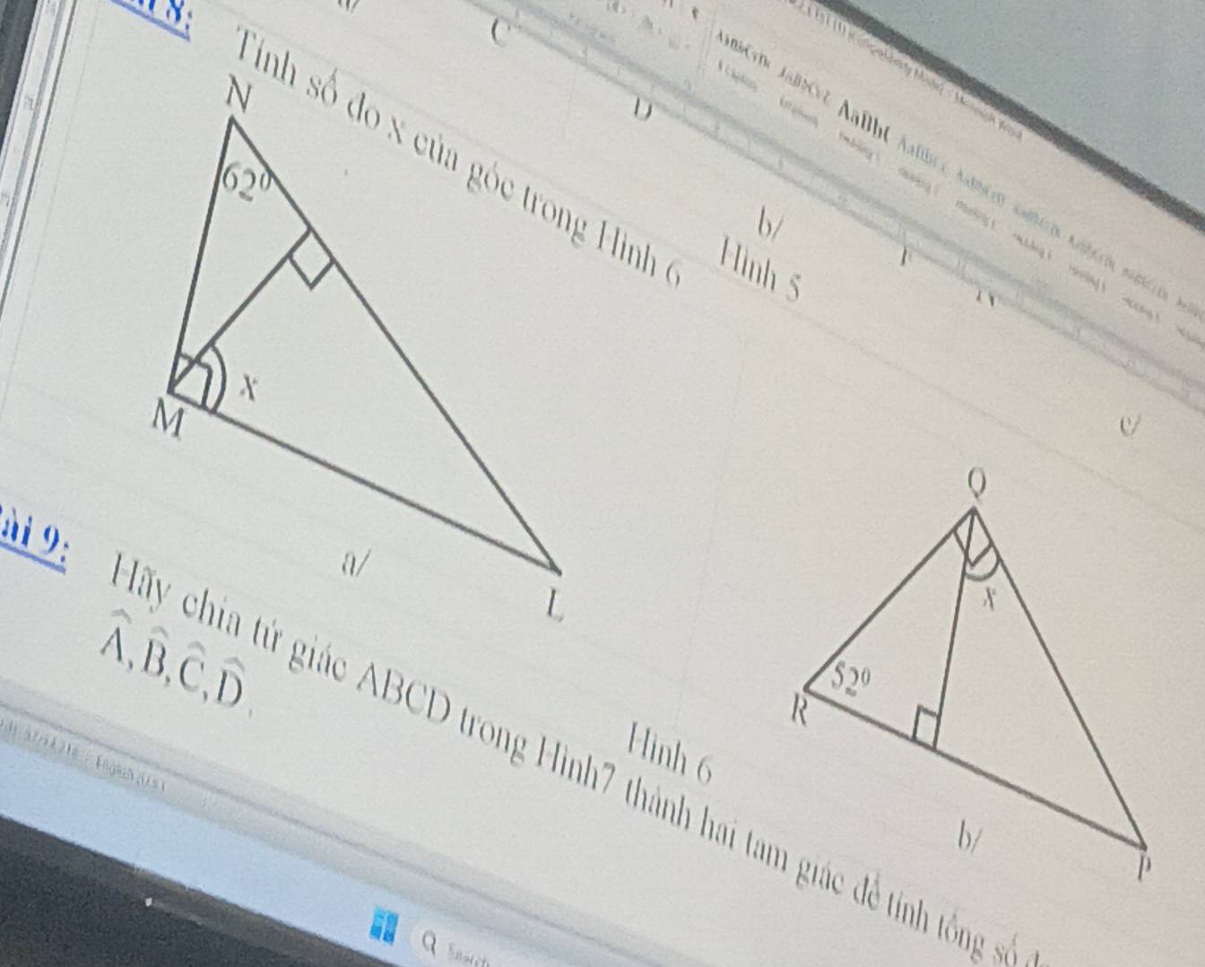 Hình S
Cyne Jaßeve Aaßbe Aalbe e Adncen saßlicón Anbcie Badiccen
b
widehat A,widehat B,widehat C,widehat D,
2:   Hãy chia tứ giác ABCD trong Hình7 thành hai tam giác đề tính tống s
Hình 6
d 37 / 1 26   Englen (0n