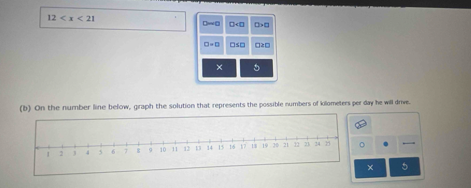 12
□ and□ □ □ >□
□ approx □ □ ≤ □ □ ≥ □
× 
(b) On the number line below, graph the solution that represents the possible numbers of kilometers per day he will drive. 
× 5