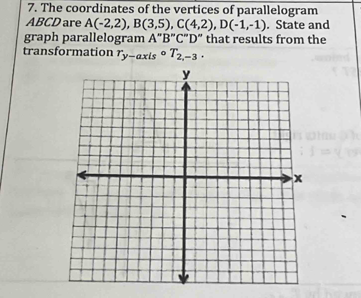 The coordinates of the vertices of parallelogram
ABCD are A(-2,2), B(3,5), C(4,2), D(-1,-1). State and 
graph parallelogram A ” B ”C″ D ” that results from the 
transformation r_y-axiscirc T_2,-3.