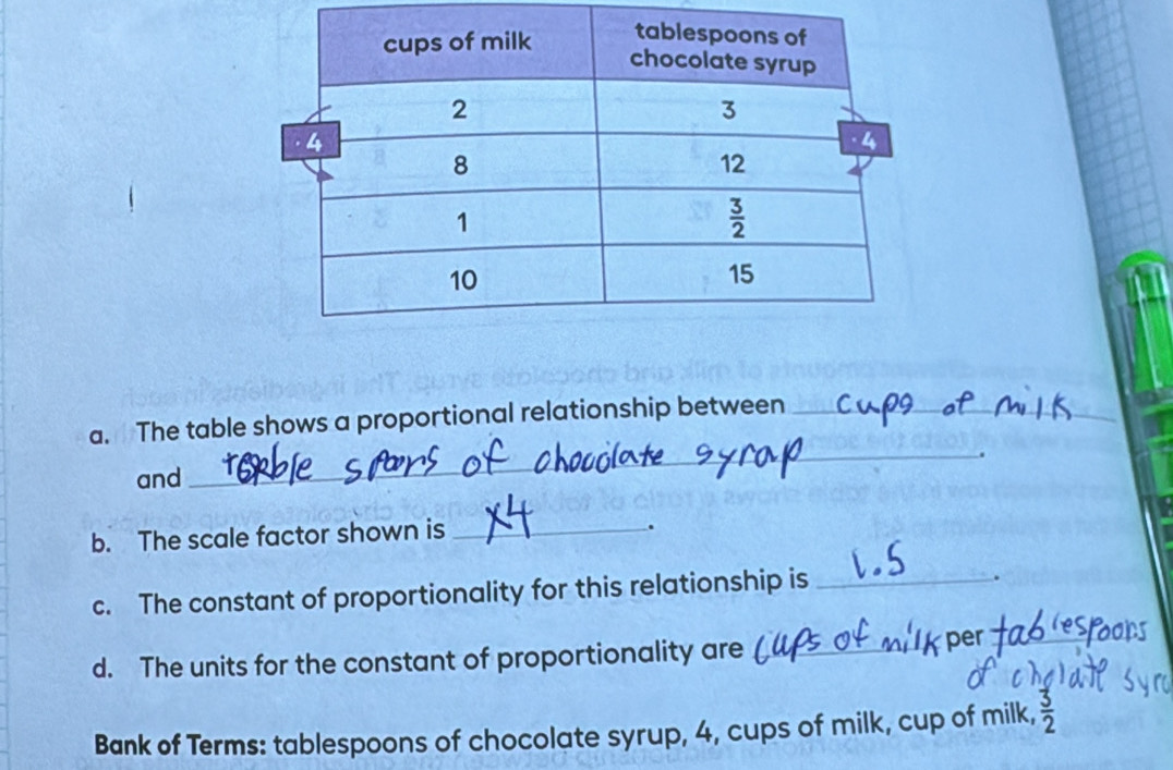 The table shows a proportional relationship between_
_
_
_.
and
b. The scale factor shown is_
.
c. The constant of proportionality for this relationship is_
d. The units for the constant of proportionality are_
_
Bank of Terms: tablespoons of chocolate syrup, 4, cups of milk, cup of milk,  3/2 