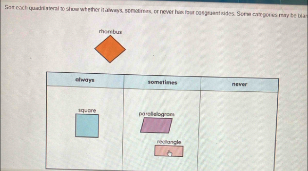 Sort each quadrilateral to show whether it always, sometimes, or never has four congruent sides. Some categories may be blan
rhombus
always sometimes never
square parallelogram
rectangle