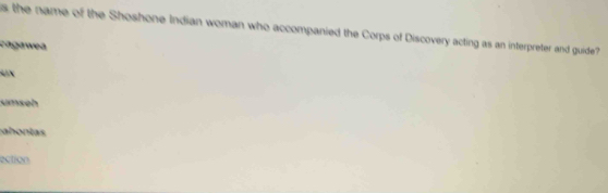 the name of the Shoshone Indian woman who accompanied the Corps of Discovery acting as an interpreter and guide? 
cagawea 
u x 
umseh 
ahonias 
ection