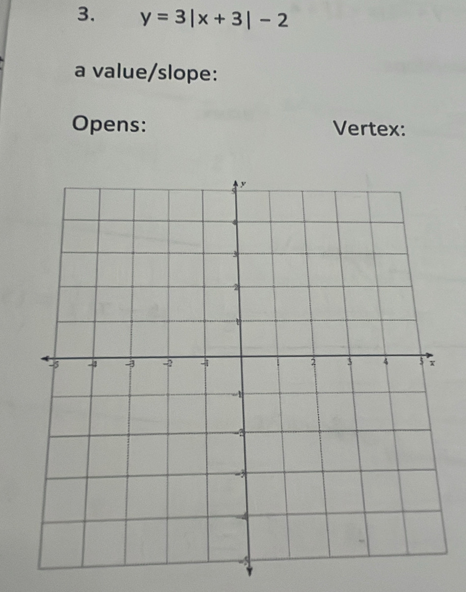 y=3|x+3|-2
a value/slope: 
Opens: Vertex: