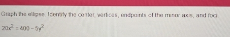 Graph the ellipse. Identify the center, vertices, endpoints of the minor axis, and foci.
20x^2=400-5y^2
