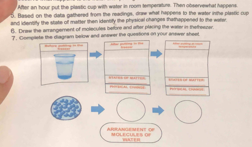 After an hour put the plastic cup with water in room temperature. Then observewhat happens. 
5. Based on the data gathered from the readings, draw what happens to the water inthe plastic cup 
and identify the state of matter then identify the physical changes thathappened to the water. 
6. Draw the arrangement of molecules before and after placing the water in thefreezer. 
7. Complete the diagram below and answer the questions on your answer sheet. 
Before putting in the After putting in the After putting at room temperature 
freazer freezer 
_ 
STATES OF MATTER: STATES OF MATTER: 
_ 
_ 
PHYSICAL CHANGE: PHYSICAL CHANGE: 
_ 
ARRANGEMENT OF 
MOLECULES OF 
WATER