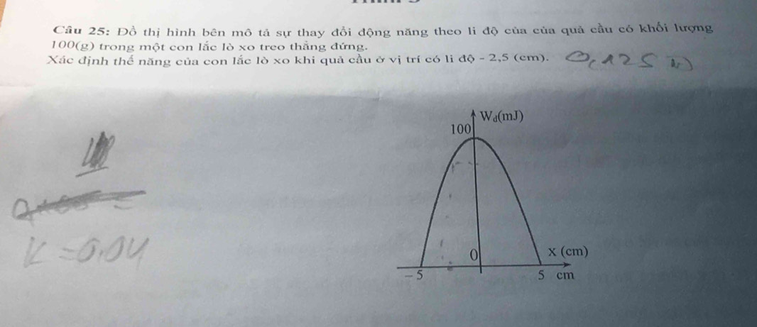 Đồ thị hình bên mô tả sự thay đổi động năng theo li độ của của quả cầu có khối lượng
100(g) trong một con lắc lò xo treo thắng đứng.
Xác định thể năng của con lắc lò xo khi quả cầu ở vị trí có li độ - 2,5 (cm).