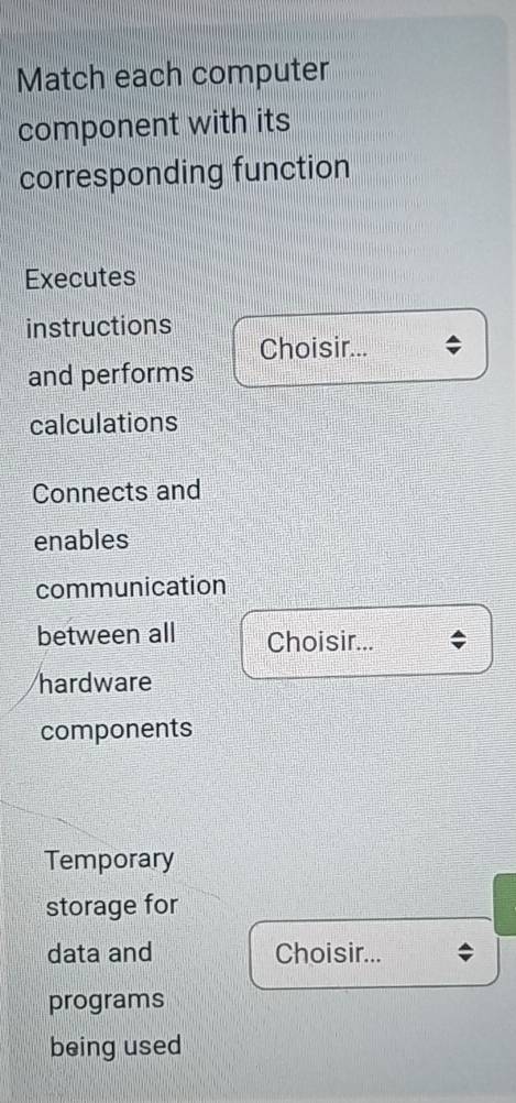 Match each computer 
component with its 
corresponding function 
Executes 
instructions 
Choisir... 
and performs 
calculations 
Connects and 
enables 
communication 
between all Choisir... 
hardware 
components 
Temporary 
storage for 
data and Choisir... 
programs 
being used