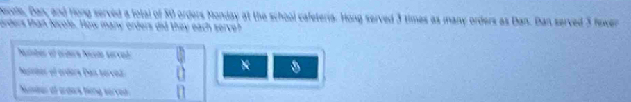 Nicole, Dan, and Hong served a total of 50 orders Monday at the school cafeteris. Hong served 3 times as many orders as Dan. Dan served 5 fewer 
orders than Ncole. How many orders did they each serve? 
Nambes al ocóers Nccla Kervad : 
Nundes el ordars Dan served 
Numeer of orders Hong served