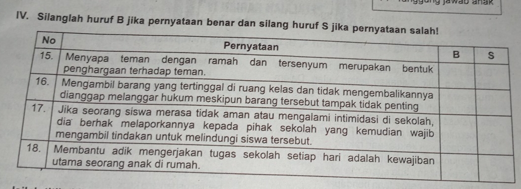 ng jawab anak . 
IV. Silanglah huruf B jika pernyataan benar dan silang hu