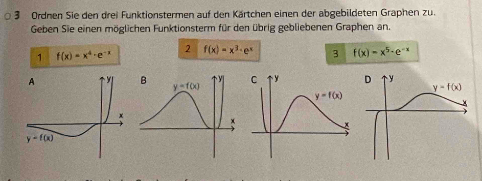 Ordnen Sie den drei Funktionstermen auf den Kärtchen einen der abgebildeten Graphen zu.
Geben Sie einen möglichen Funktionsterm für den übrig gebliebenen Graphen an.
2 f(x)=x^3· e^x
1 f(x)=x^4· e^(-x)
3 f(x)=x^5· e^(-x)