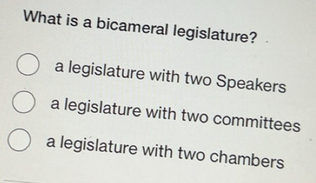 Solved: What is a bicameral legislature? a legislature with two ...