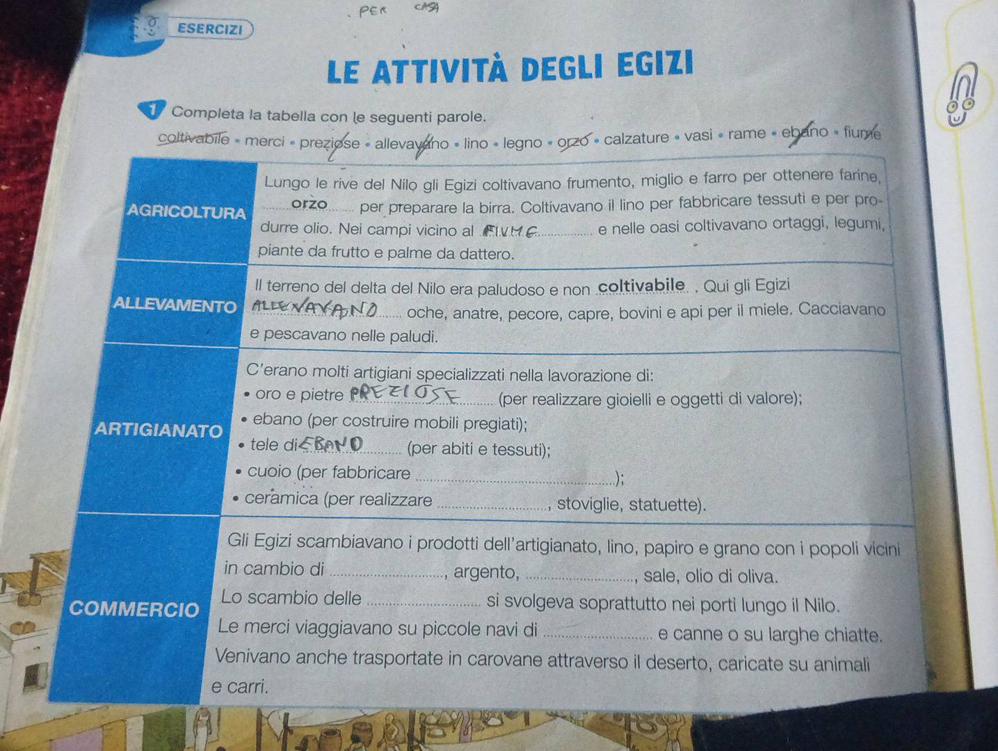 ESERCIZI 
le attività degli egizi 
Completa la tabella con le seguenti parole. 
asi « rame « ebano » fiume