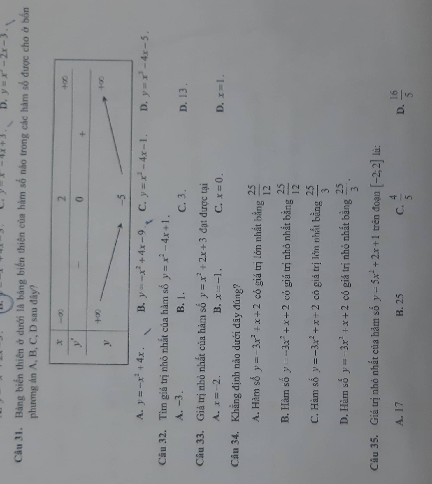 y=x-4x+3. D. y=x^2-2x-3.
Câu 31. Bảng biến thiên ở dưới là bảng biến thiên của hàm số nào trong các hàm số được cho ở bốn
phương án A, B, C, D sau dây?
A. y=-x^2+4x. B. y=-x^2+4x-9 C. y=x^2-4x-1. D. y=x^2-4x-5.
Câu 32. Tìm giá trị nhỏ nhất của hàm số y=x^2-4x+1.
A. -3 . B. 1. C. 3 . D. 13 .
Câu 33. Giá trị nhỏ nhất của hàm số y=x^2+2x+3 đạt được tại
A. x=-2. B. x=-1. C. x=0. D. x=1.
Câu 34. Khẳng định nào dưới đây đúng?
A. Hàm số y=-3x^2+x+2 có giá trị lớn nhất bằng  25/12 
B. Hàm số y=-3x^2+x+2 có giá trị nhỏ nhất bằng  25/12 
C. Hàm số y=-3x^2+x+2 có giá trị lớn nhất bằng  25/3 
D. Hàm số y=-3x^2+x+2 có giá trị nhỏ nhất bằng  25/3 .
Câu 35. Giá trị nhỏ nhất của hàm số y=5x^2+2x+1 trên đoạn [-2;2] là:
A. 17 B. 25 C.  4/5  D.  16/5 