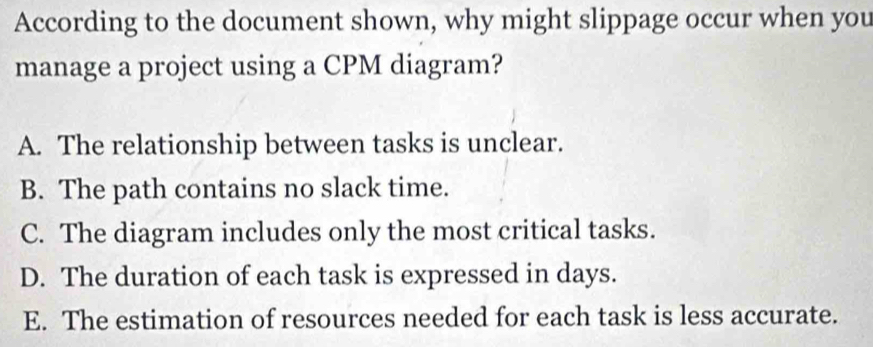 According to the document shown, why might slippage occur when you
manage a project using a CPM diagram?
A. The relationship between tasks is unclear.
B. The path contains no slack time.
C. The diagram includes only the most critical tasks.
D. The duration of each task is expressed in days.
E. The estimation of resources needed for each task is less accurate.