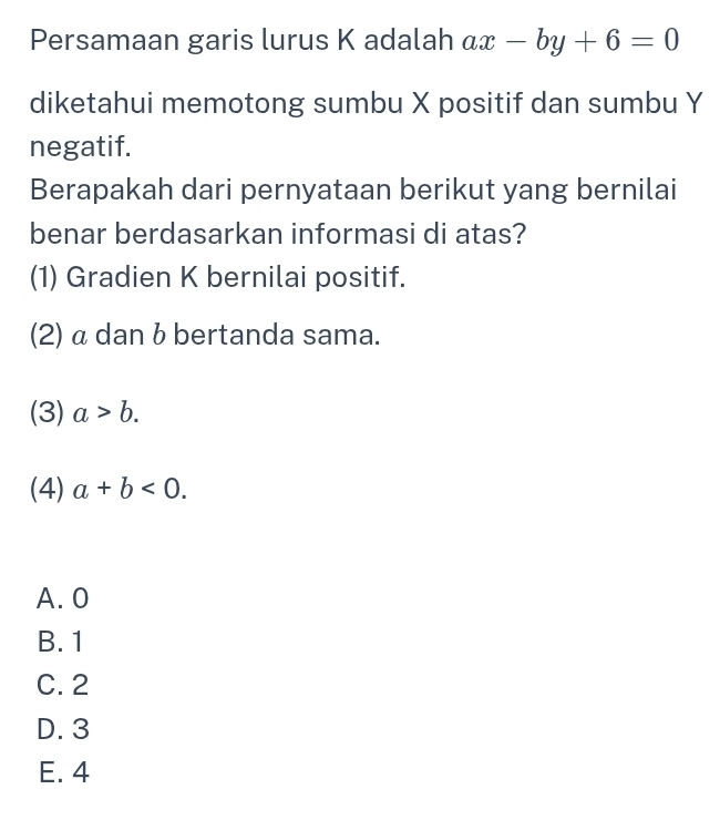 Persamaan garis lurus K adalah ax-by+6=0
diketahui memotong sumbu X positif dan sumbu Y
negatif.
Berapakah dari pernyataan berikut yang bernilai
benar berdasarkan informasi di atas?
(1) Gradien K bernilai positif.
(2) α danbbertanda sama.
(3) a>b.
(4) a+b<0</tex>.
A. 0
B. 1
C. 2
D. 3
E. 4