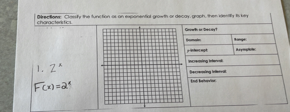 Directions: Classify the function as an exponential growth or decay, graph, then identify its key 
characteristics.