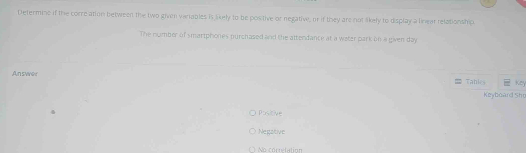 Determine if the correlation between the two given variables is likely to be positive or negative, or if they are not likely to display a linear relationship.
The number of smartphones purchased and the attendance at a water park on a given day
Answer Key
Tables
Keyboard Sho
Positive
Negative
No correlation