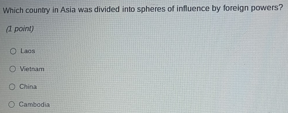 Which country in Asia was divided into spheres of influence by foreign powers?
(1 point)
Laos
Vietnam
China
Cambodia