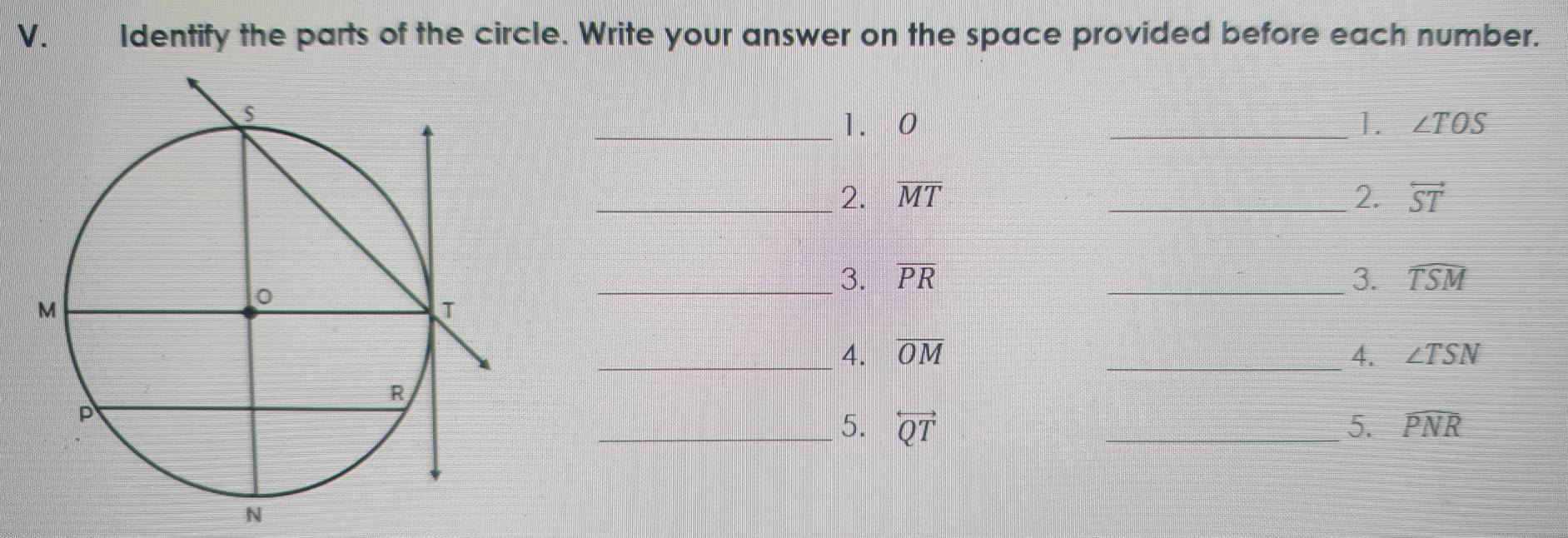 Identify the parts of the circle. Write your answer on the space provided before each number. 
_1.0 _1. ∠ TOS
_2. overline MT
_2. overleftrightarrow ST
_3. overline PR _3. widehat TSM
_4. overline OM _4. ∠ TSN
_5. overleftrightarrow QT _5. widehat PNR
N