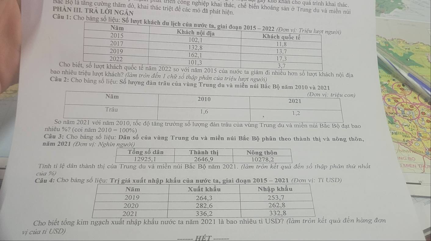 káy khô khán cho quá trình khai thác. 
phải triên công nghiệp khai thác, chế biến khoáng sản ở Trung du và miền núi 
Bắc Bộ là tăng cường thăm dò, khai thác triệt để các mỏ đã phát hiện. 
phÀN III. TRÀ LỜI NGÁN 
Câu 1: Cho bảng số liệu: Số lượt k 
của nước ta giảm đi nhiều hơn số lượt khách nội địa 
bao nhiêu triệu lượt khách? (làm tròn đến 1 chữ số thập phân của triệu lượt người) 
Câu 2: Cho bảng số liệu: Số lượng đàn trâu của vùng Trung du và miền núi Bắc Bộ năm 2010 và 2021 
ot 
i năm 2010, tốc độ tăng trưởng số lượng đàn trâu của vùng Trung du và miền núi Bắc Bộ đạt bao 
nhiêu %? (coi năm 2010=100% )
''' Sho 
Câu 3: Cho bảng số liệu: Dân số của vùng Trung du và miền núi Bắc Bộ phân theo thành thị và nông thôn, 
tor 
năm 2021 (Đơn vị: 
NINhiNHE 
JNG BO 
Tính tỉ lệ dân thành thị của Trung du và miền núi Bắc Bộ năm 2021. (làm tròn kết quả đến số thập phân thứ nhất TMiêN TRUn 
của %) 
Câu 4: Cho bảng số liệu: Trị giá xuất nhập khẩu của nước ta, giai đoạn 2015 - 2021 (Đơn vị: Tỉ USD) 
Cho biết tổng kim ngạch xuất nhập khẩu nước ta năm 2021 là bao nhiêu tỉ USD? (làm tròn kết quả đến hàng đơn 
vị của tỉ USD) 
_HÉt